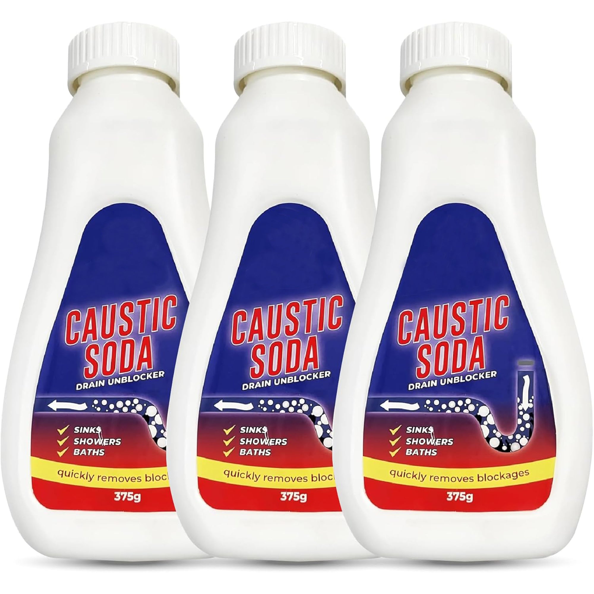 Caustic Soda Drain Cleaner 3 x 375g Bottles - Industrial Strength Clog Remover, Powerful & Fast-Acting Formula for Tough Sink, Toilet & Pipe Blockages - Packaging May Vary