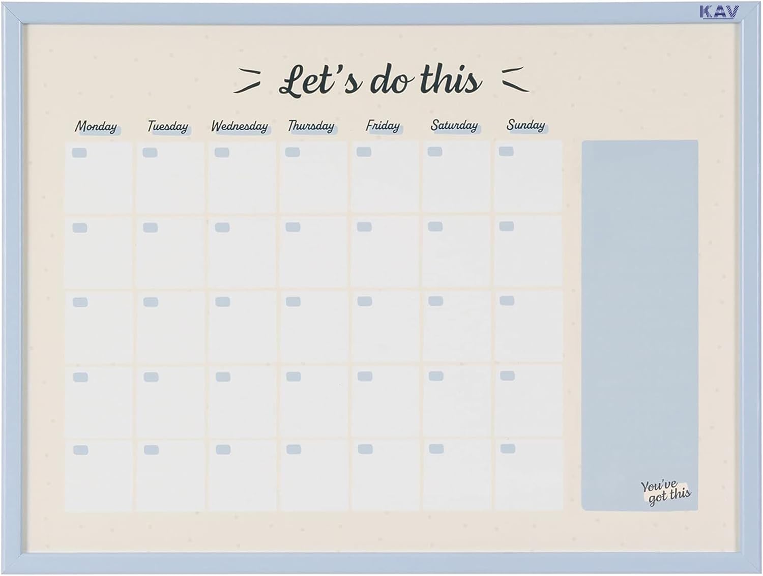 KAV 23.62" x 17.72" Magnetic Dry Erase Monthly Planner White Board - Stylish Pastel Collection Blue MDF Frame - Easy Install and Clean Weekly Planner