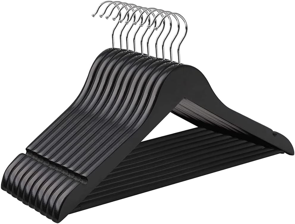 KAV Wooden Hangers with Steel Hook for Coat, Clothes, Trouser, Dress - Non-Slip, Slim, Space-Saving Hanger for Wardrobe Storage Home - 30 Pack (Black)