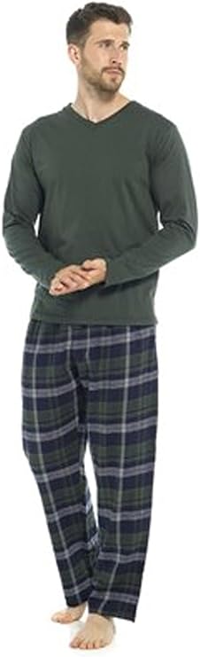 KAV Men's Yarn Dyed Check Pyjama Set - Cotton, Green/Navy Check Pattern, Comfortable Sleepwear for All Seasons, Lounge Pants for Men