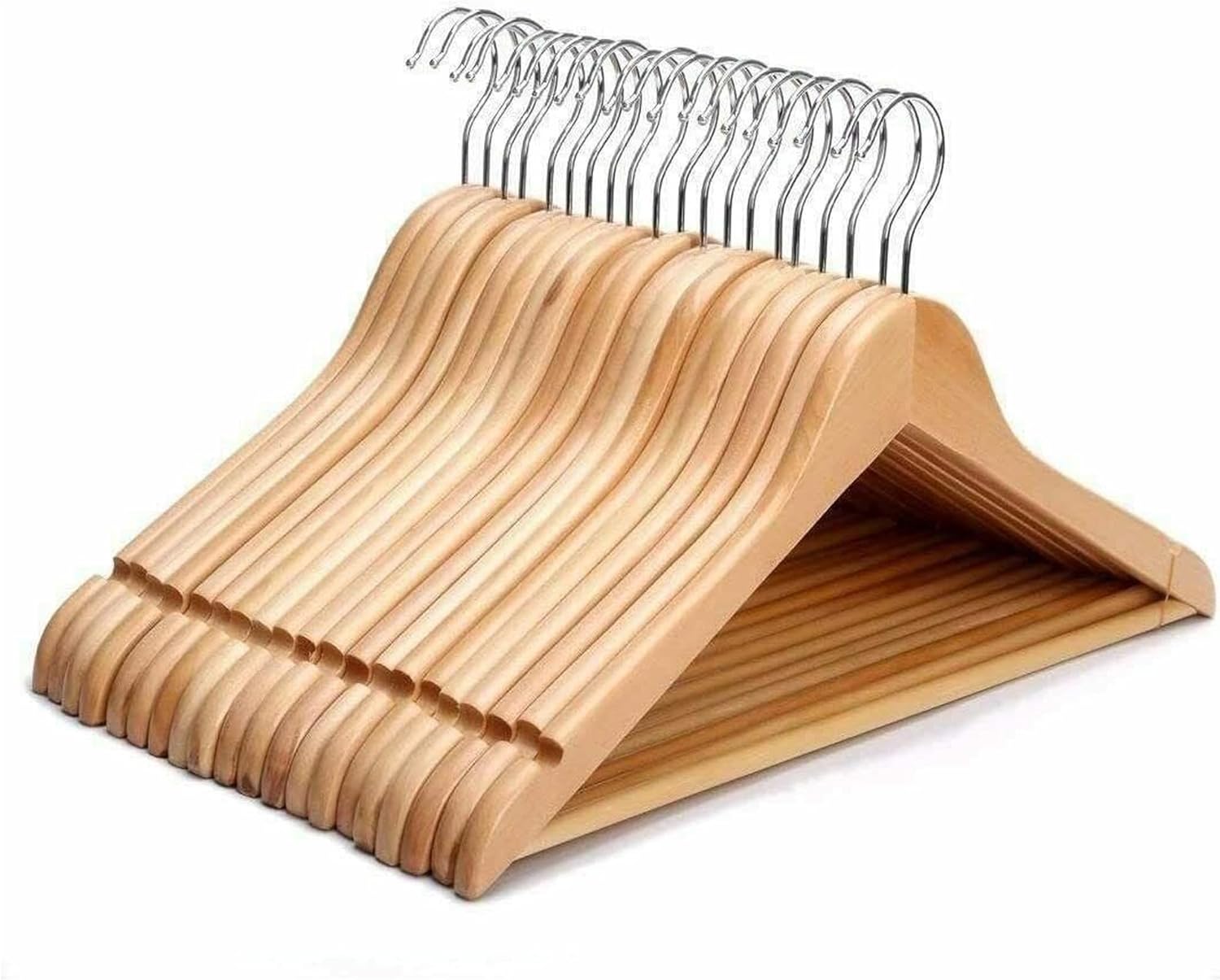 KAV Wooden Hangers with Steel Hook for Coat, Clothes, Trouser, Dress - Non-Slip, Slim, Space-Saving Hanger for Wardrobe Storage Home - 20 Pack