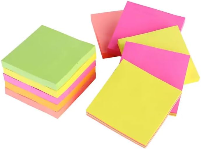 KAV Sticky Memo Notes Neon Block Cube Pad 3x3 inch 450 Sheets - Assorted Pink, Yellow, Orange and Green Self Adhesive Sticky Notes for Organization & Reminders