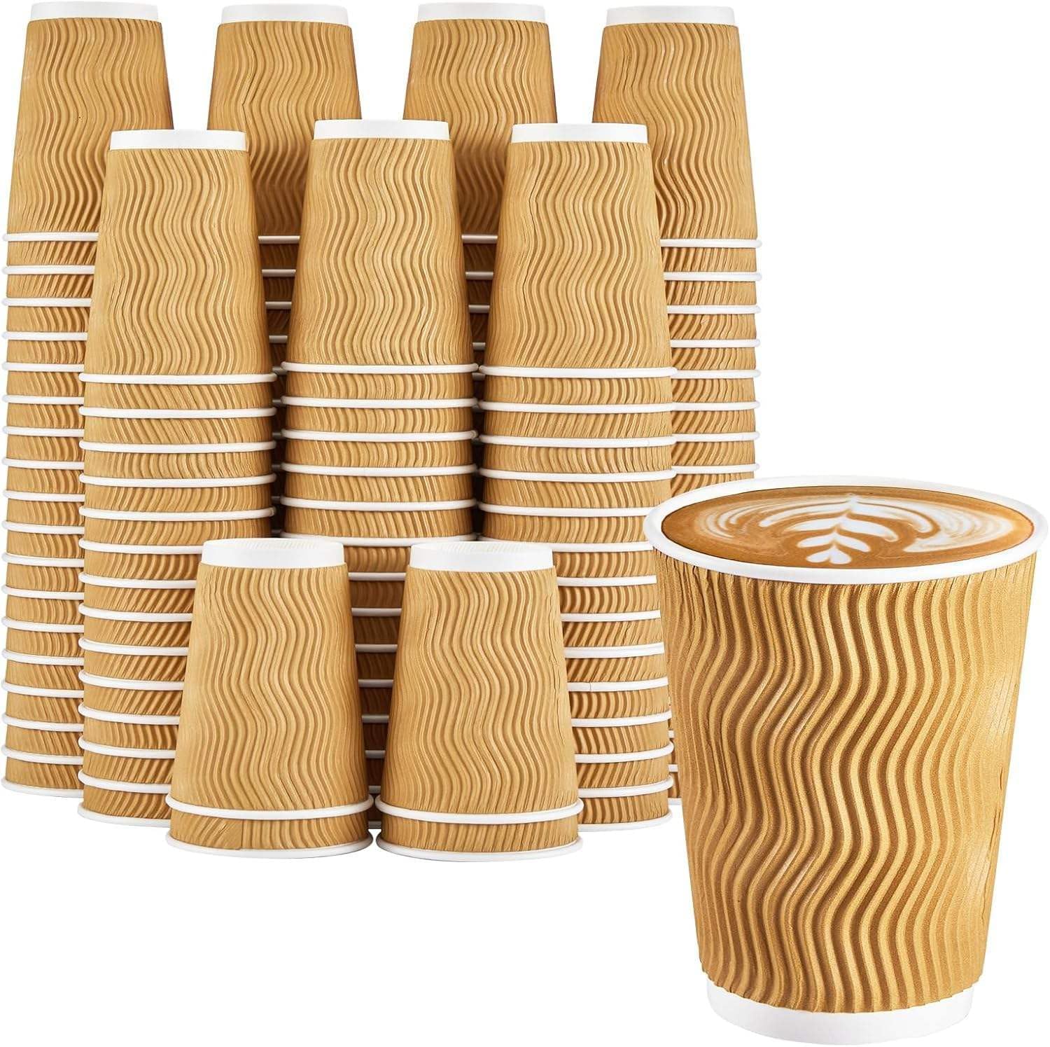 KAV Triple Layered 8oz Ripple Insulated Paper Cups - Kraft Disposable Coffee Cups for Hot & Cold Drinks - Takeaway Cups for Tea, Cappuccino, Beverages, Office & Party Use