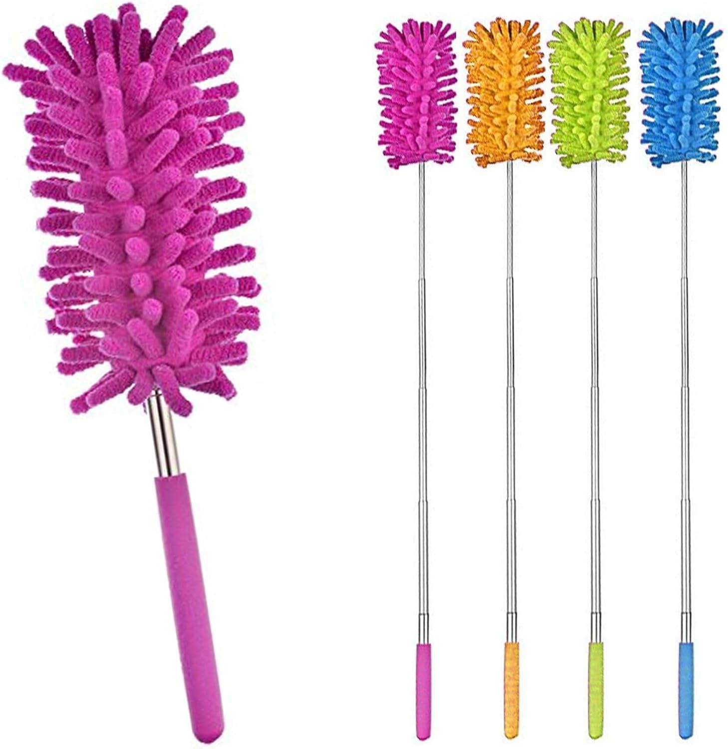 KAV 3Pc Extendable Multifunctional Telescopic Microfibre Cleaning Duster Feather Brush - Soft Removable Head, Alloy Steel Handle - Extendable Handle Random Colour