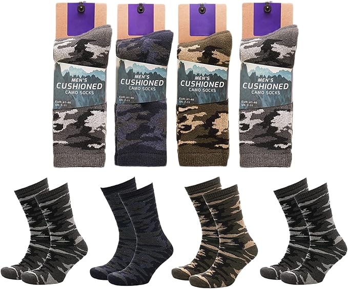 KAV Men’s Camouflage Socks 4 Pack, UK Size 7-11 – Soft Grip, Cushioned, Reinforced Heel & Toe – Comfortable Camo Socks for Outdoor Sports, Hiking, Army, Camping