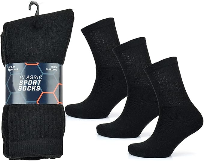 KAV Black Sports Socks for Men, 10 Pack UK Sizes 7-11 Moisture-Wicking Bland with Polycotton and Elastane - Athletic Sport Sock for Running, Training, Athletics