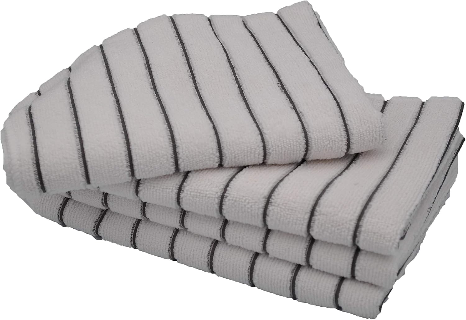 KAV 12 Pieces Soft Microfibre Tea and Dish Towels- Super Absorbent and Lint Free Kitchen Towel with White and Grey Stripe (45x65 cm, 300 GSM)