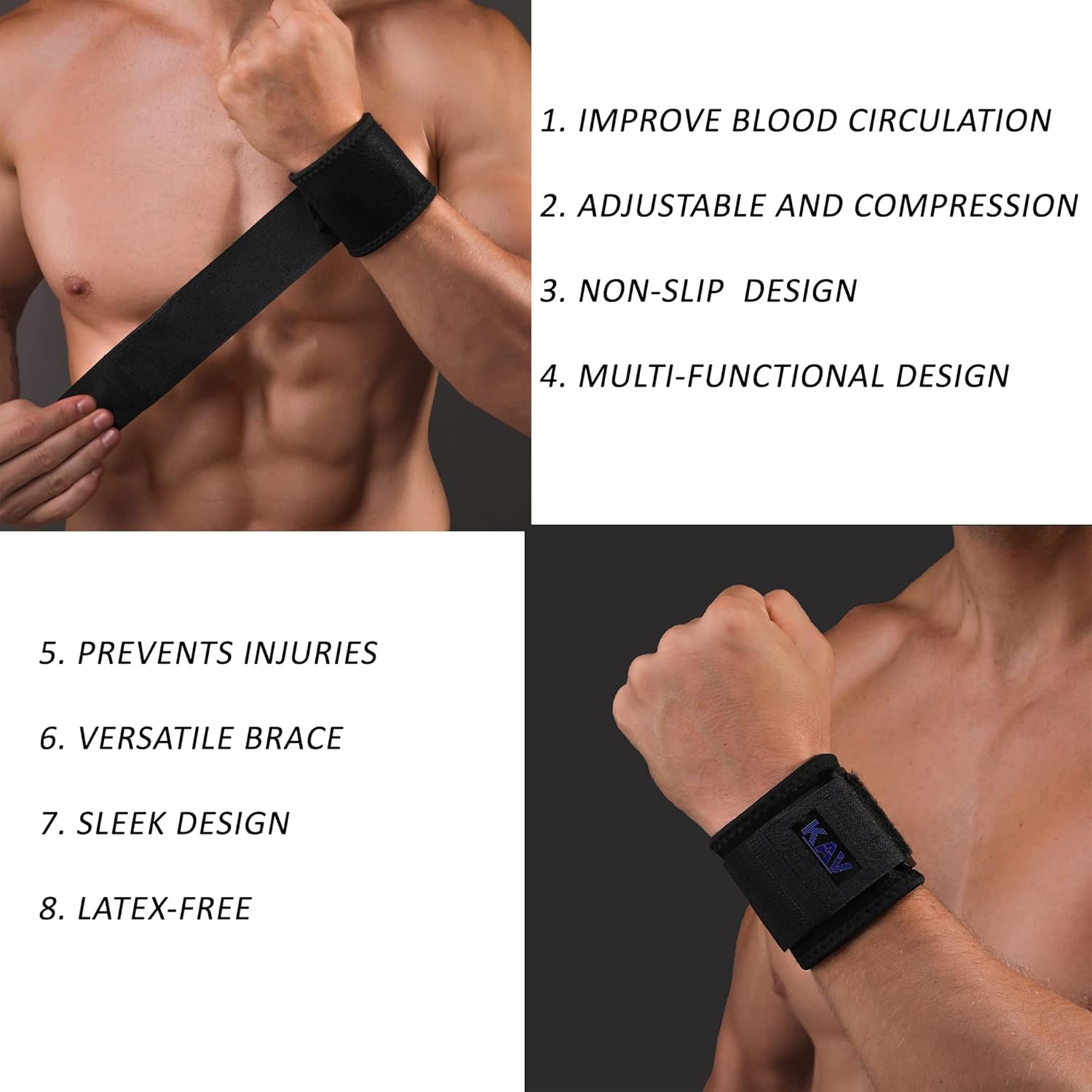 KAV 2 Pack Adjustable Wrist Straps with Compression, Non-Slip, Breathable Fabric Material, Perfect for Working Out Fitness Weightlifting, Tendonitis, Pain Relief