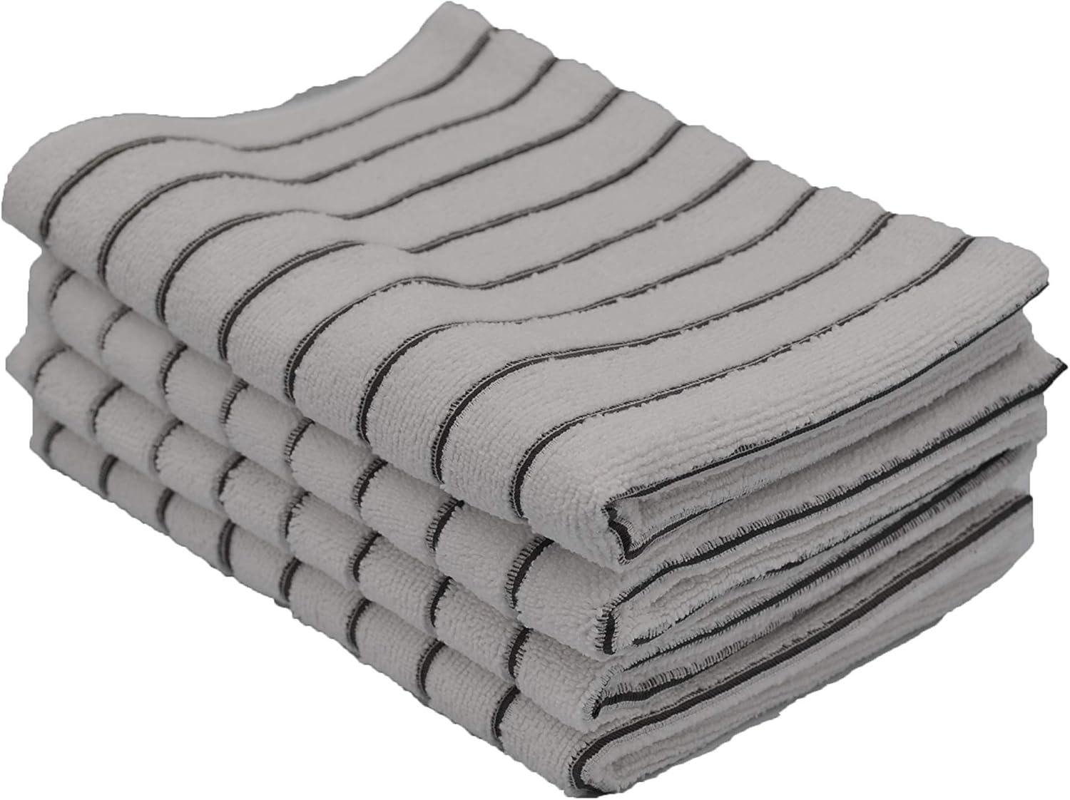 KAV 12 Pieces Soft Microfibre Tea and Dish Towels- Super Absorbent and Lint Free Kitchen Towel with White and Grey Stripe (45x65 cm, 300 GSM)