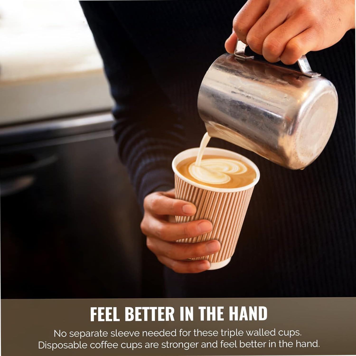 KAV Triple Layered 8oz Ripple Insulated Paper Cups - Kraft Disposable Coffee Cups for Hot & Cold Drinks - Takeaway Cups for Tea, Cappuccino, Beverages, Office & Party Use