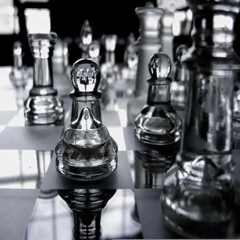 KAV Glass Chess Game Set - Frosted and Polished Glass Chess Board and Pieces with Padded Bottom - Stylish 2-in-1 Crystal Chess Board Play Set (25 x 25 cm)