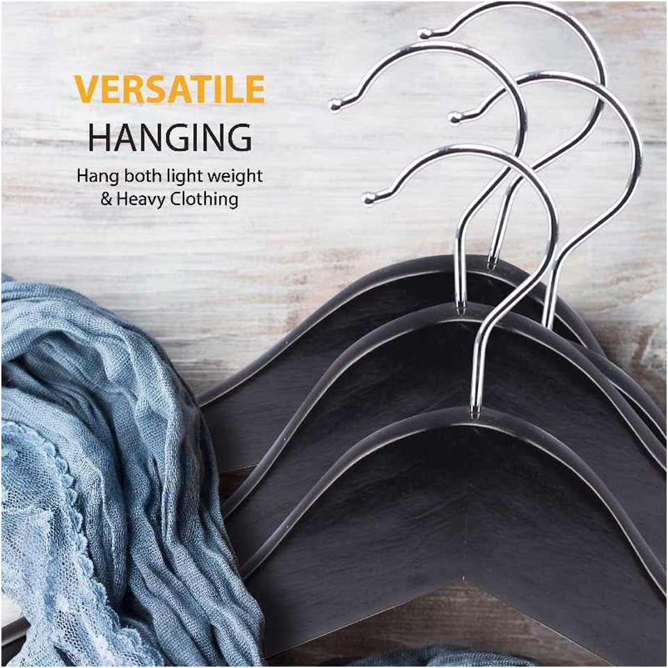 KAV Wooden Hangers with Steel Hook for Coat, Clothes, Trouser, Dress - Non-Slip, Slim, Space-Saving Hanger for Wardrobe Storage Home - 30 Pack (Black)