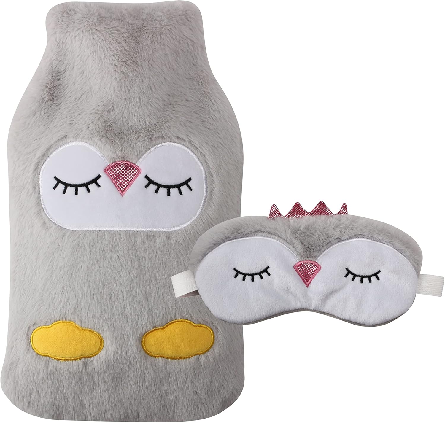 KAV Beautifully Faux Fur Cover with Hot Water Bottle and Satin Eye Mask - Durable 2L Size Eyemask and Bottles for Relaxing Sleep