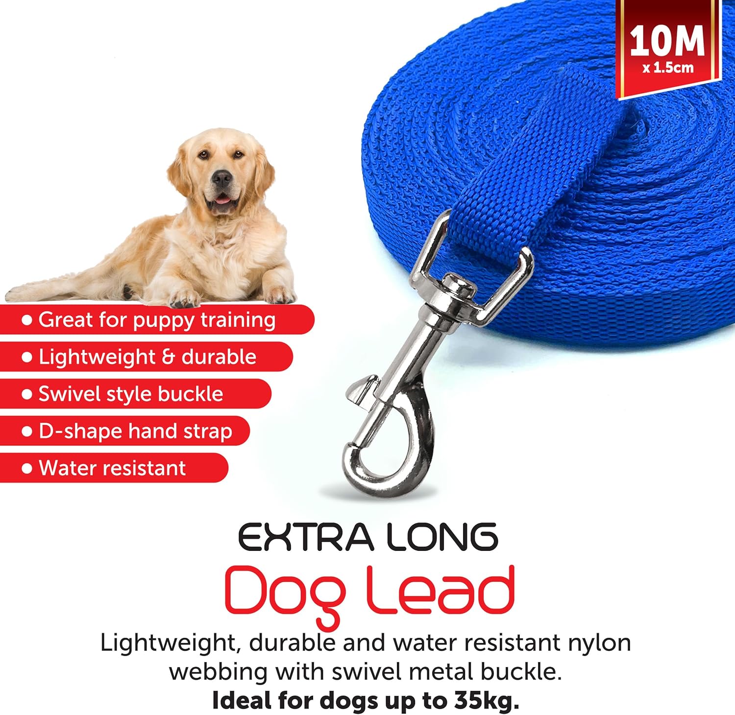 KAV Premium 10m*1.5cm Dog Training Lead for Puppy Training - Lightweight, Durable, Water Resistant Nylon Material - Swivel Buckle, D-Shape Hand Strap, for Dogs