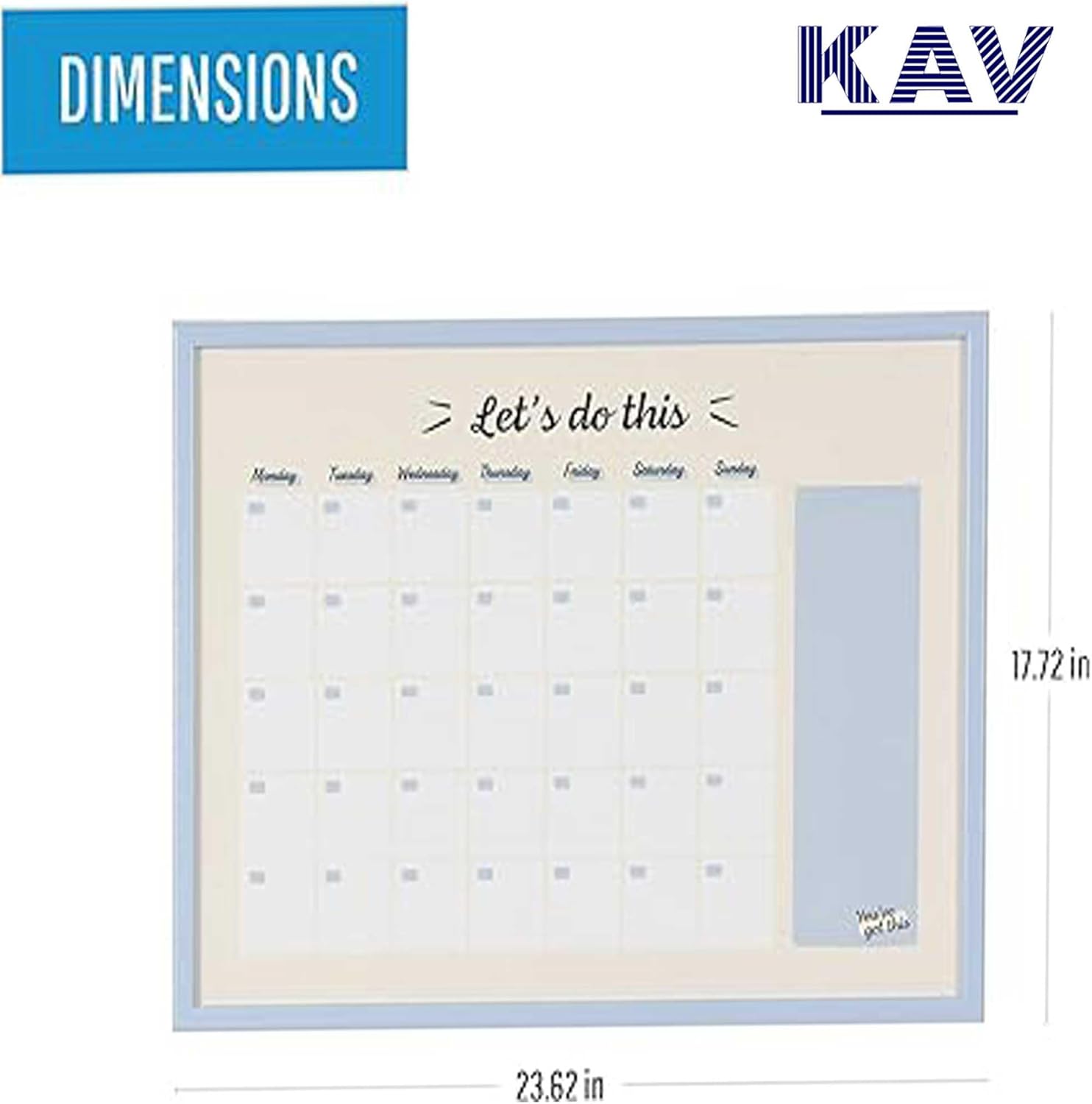 KAV 23.62" x 17.72" Magnetic Dry Erase Monthly Planner White Board - Stylish Pastel Collection Blue MDF Frame - Easy Install and Clean Weekly Planner
