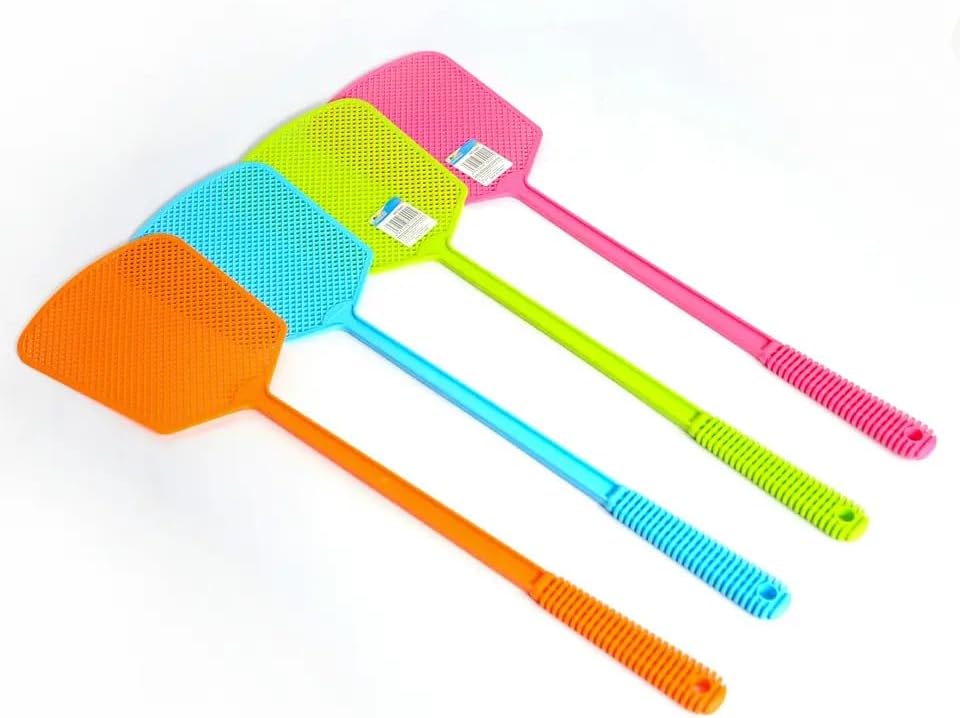 KAV Pack of 6 Fly Swat - Premium Plastic Manual Fly Swatter with Long Handle, Assorted Colours, Heavy Duty Pest Control - Size 17.5 × 4.72 inch