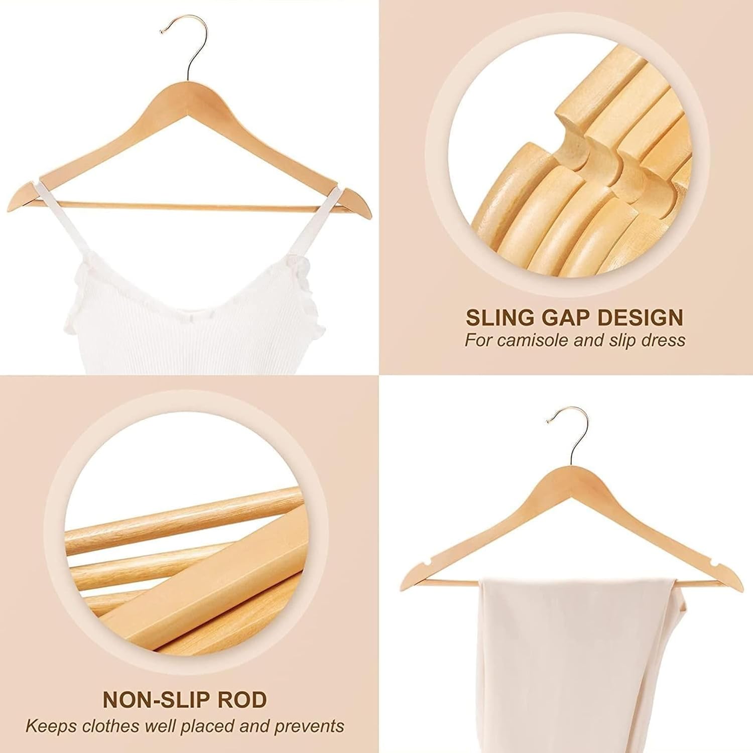 KAV Wooden Hangers with Steel Hook for Coat, Clothes, Trouser, Dress - Non-Slip, Slim, Space-Saving Hanger for Wardrobe Storage Home - 20 Pack
