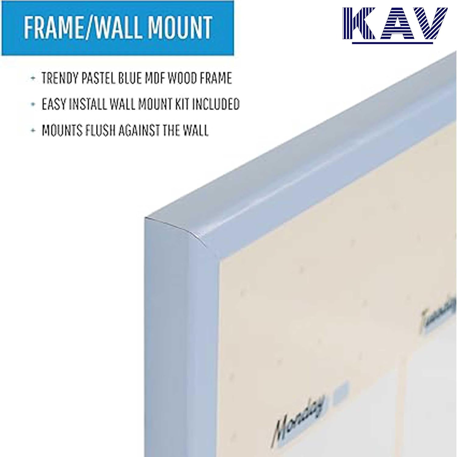 KAV 23.62" x 17.72" Magnetic Dry Erase Monthly Planner White Board - Stylish Pastel Collection Blue MDF Frame - Easy Install and Clean Weekly Planner