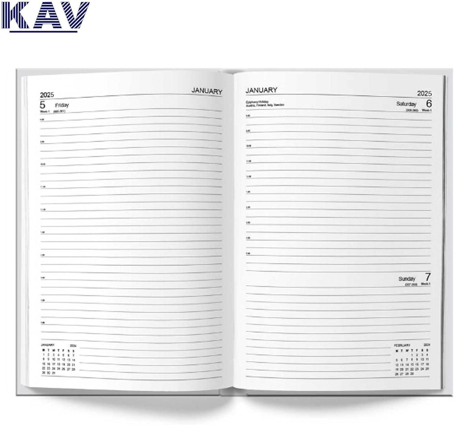 KAV Classic A4 Page a Day Diary 2025 - Half page weakends - Assorted Colours x1 - Silver Foil Cover, Hardcover with Ribbon Bookmark - Work and Holiday planner