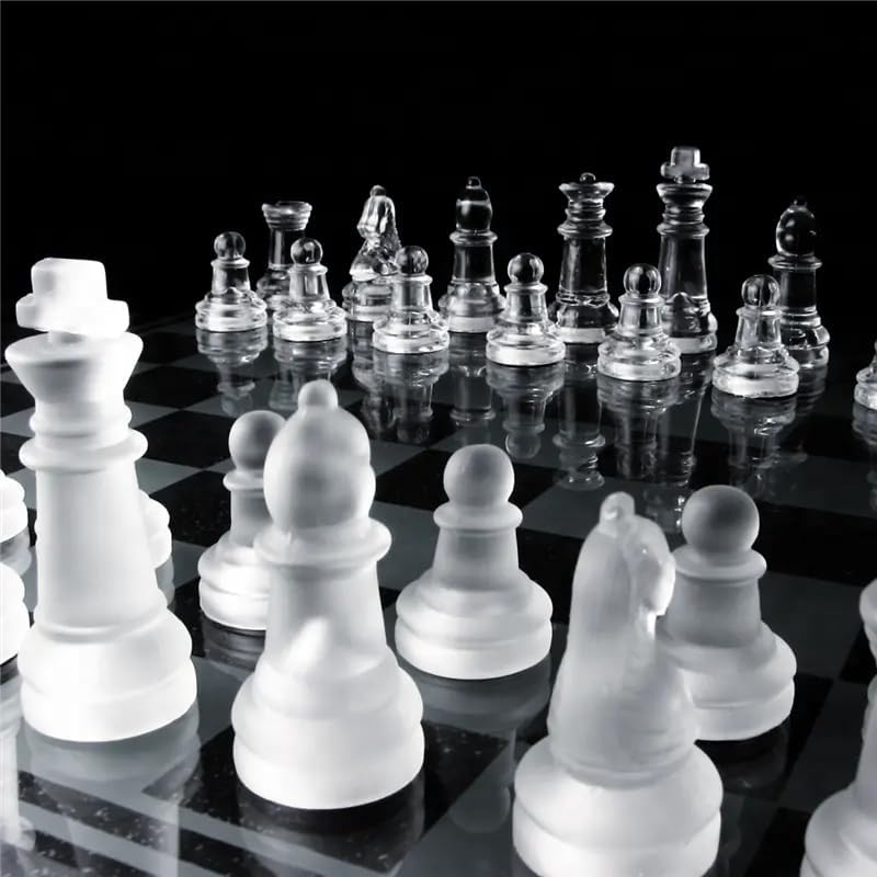 KAV Glass Chess Game Set - Frosted and Polished Glass Chess Board and Pieces with Padded Bottom - Stylish 2-in-1 Crystal Chess Board Play Set (25 x 25 cm)