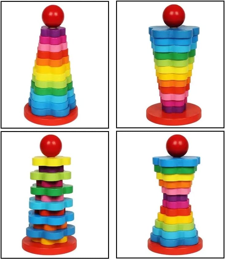 KAV Wooden Rainbow Stacking Rings - Educational Baby and Toddler Toys for Hand-Eye Coordination and Fine Motor Skills - Colourful Wooden Puzzles & Learning Toys