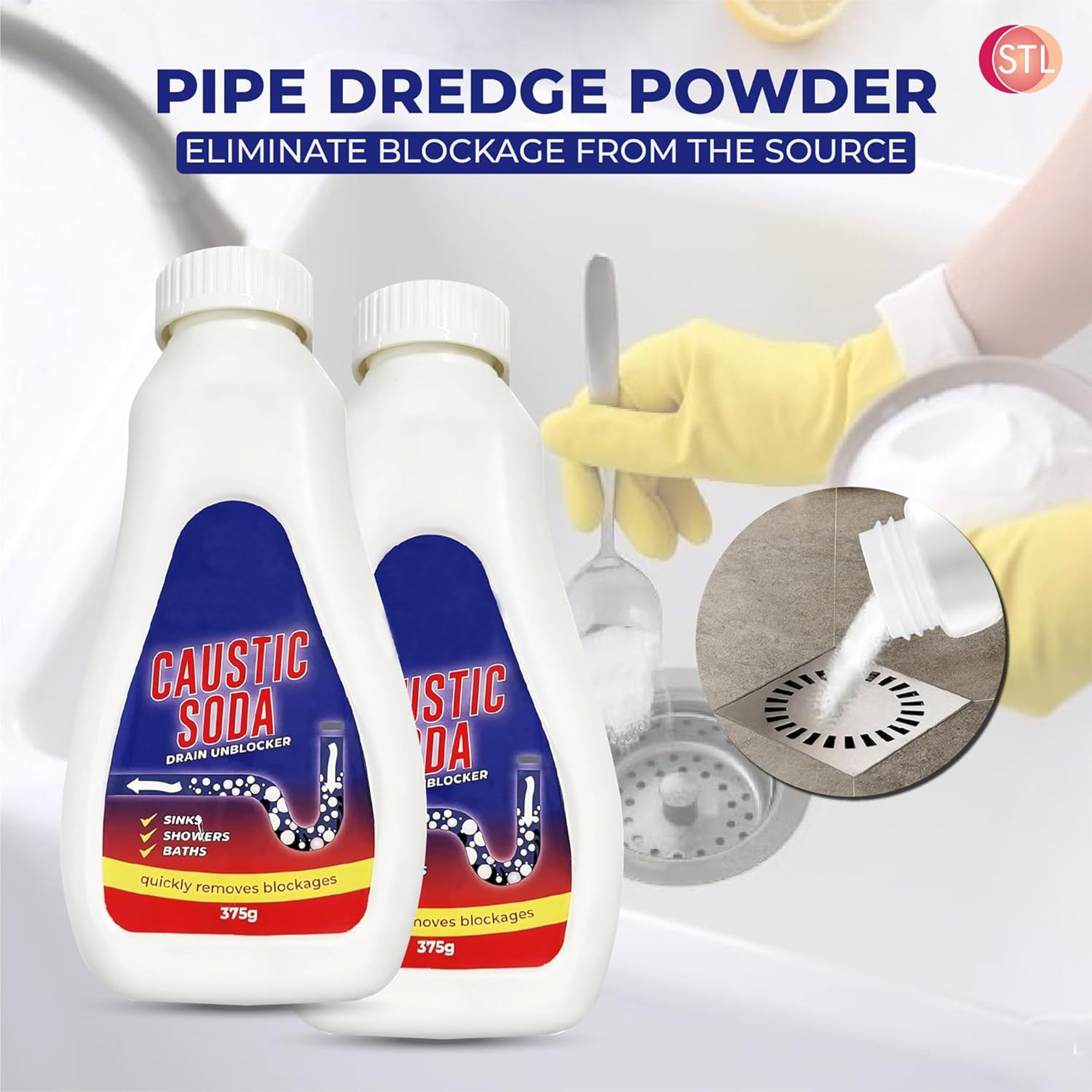 Caustic Soda Drain Cleaner 3 x 375g Bottles - Industrial Strength Clog Remover, Powerful & Fast-Acting Formula for Tough Sink, Toilet & Pipe Blockages - Packaging May Vary