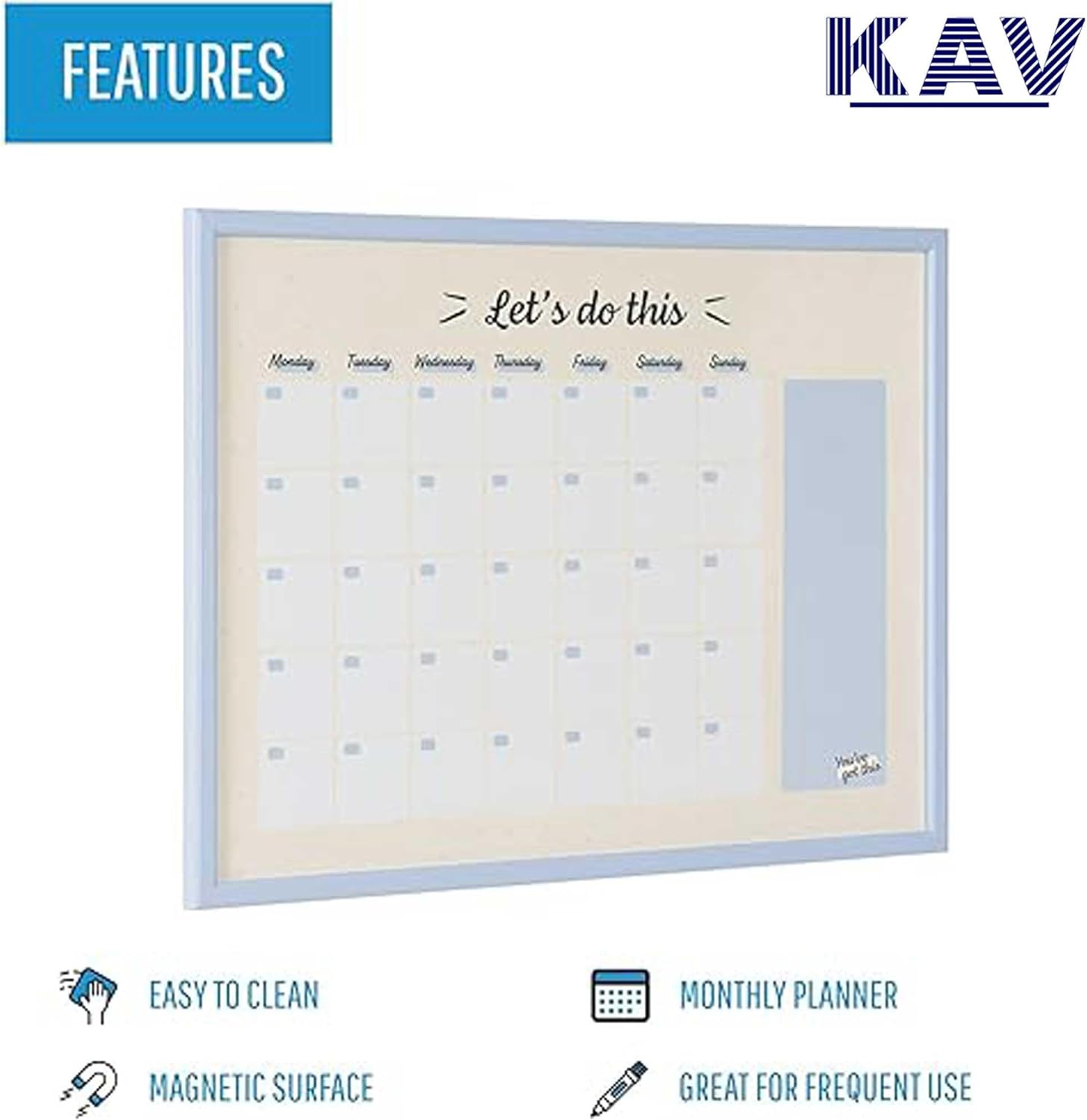 KAV 23.62" x 17.72" Magnetic Dry Erase Monthly Planner White Board - Stylish Pastel Collection Blue MDF Frame - Easy Install and Clean Weekly Planner