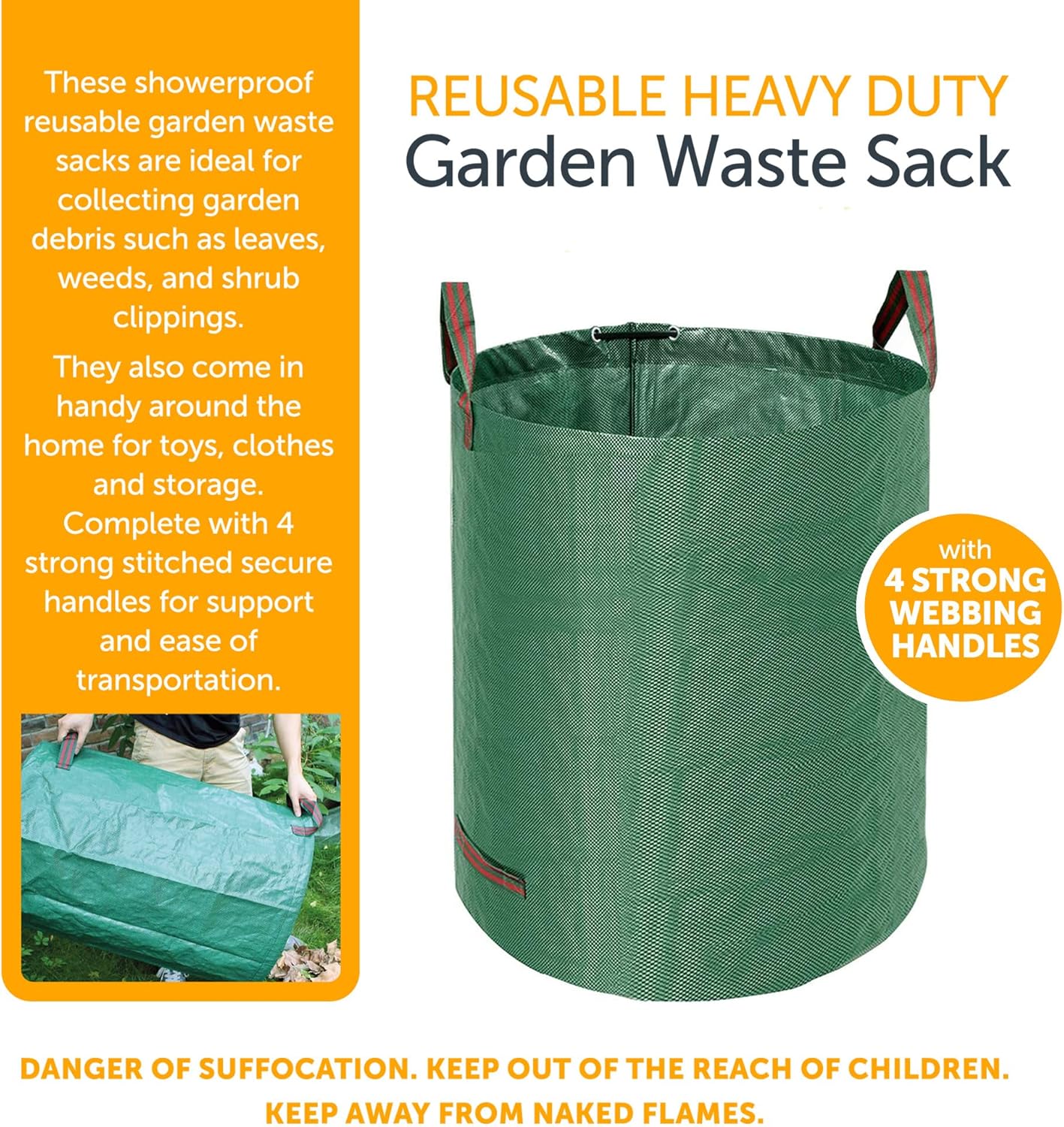 KAV Heavy Duty Garden Waste Bags - Large Garden Bag with Handles - Waterproof Rubbish Refuse Sacks - Pack of 3 (Green)