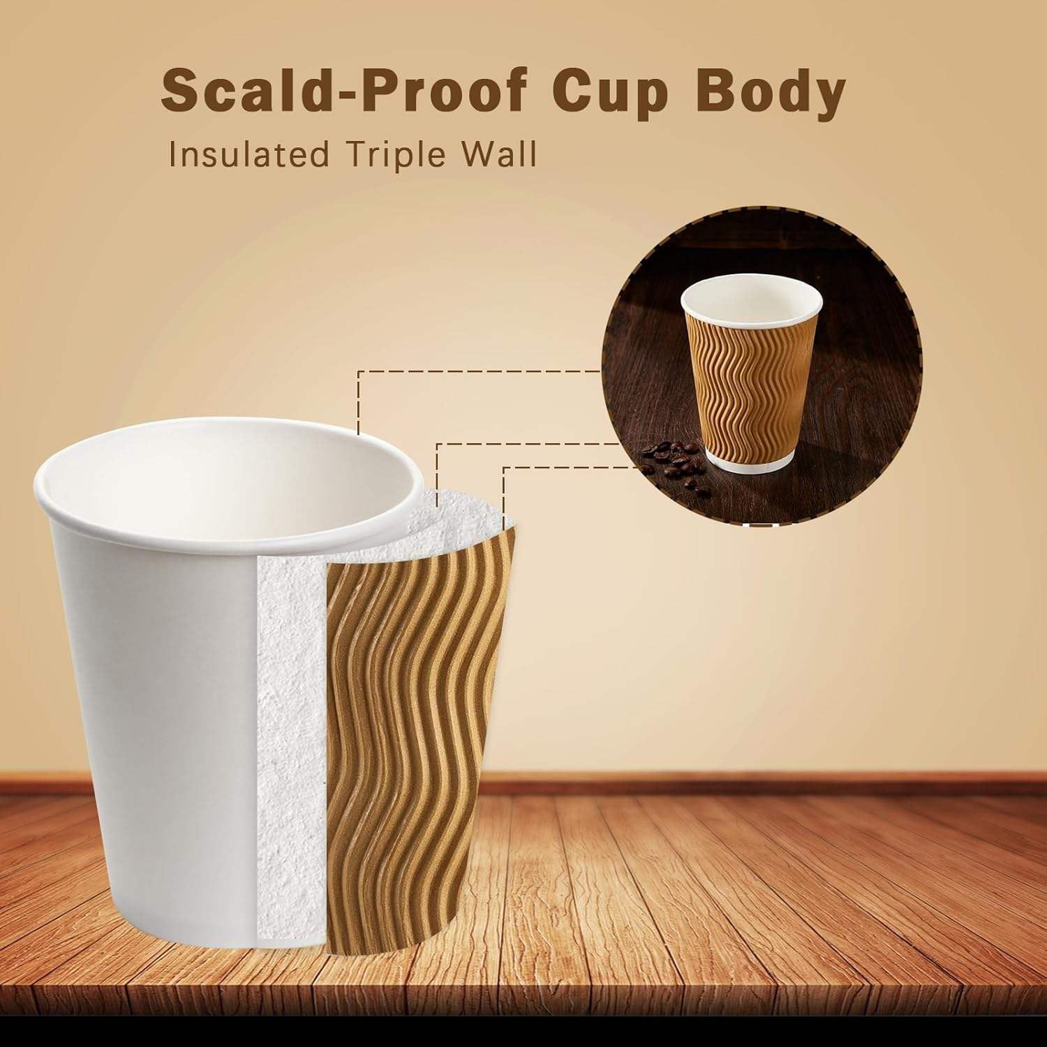 KAV Triple Layered 8oz Ripple Insulated Paper Cups - Kraft Disposable Coffee Cups for Hot & Cold Drinks - Takeaway Cups for Tea, Cappuccino, Beverages, Office & Party Use