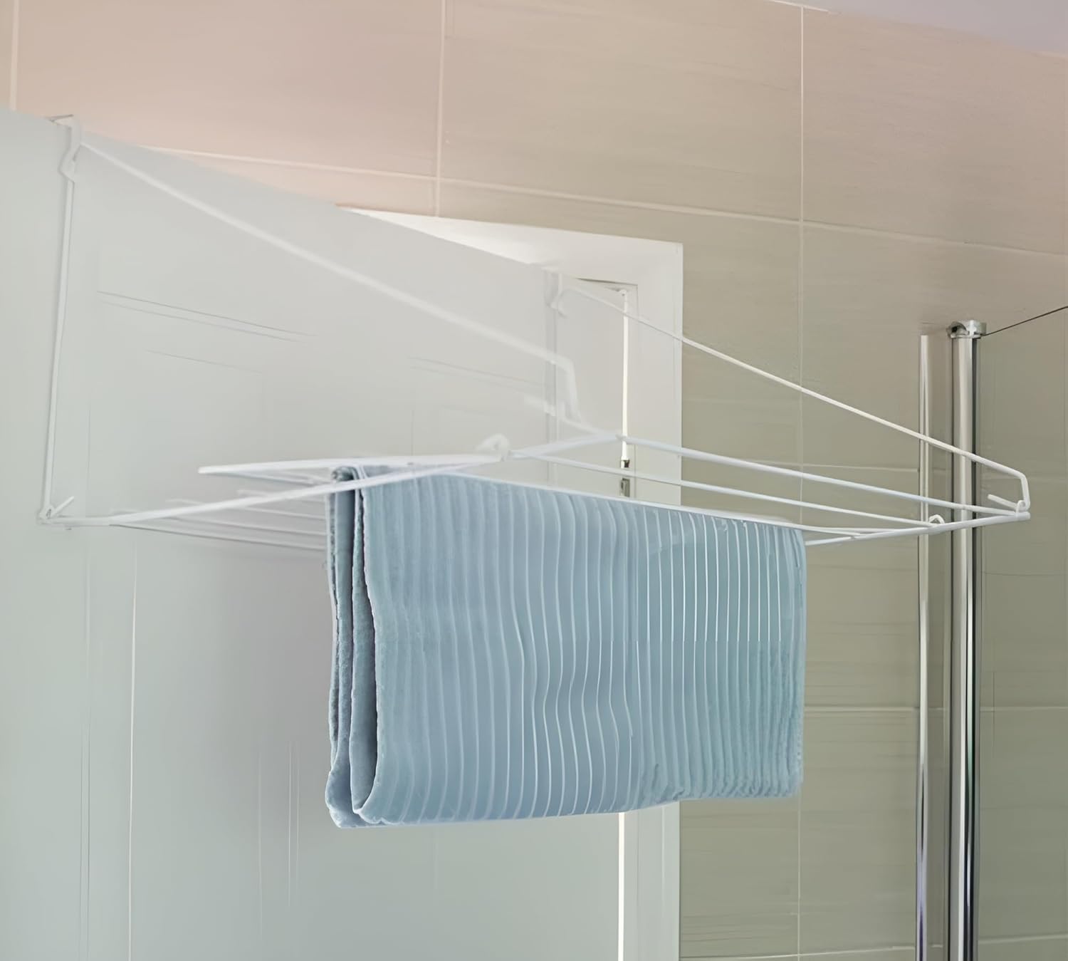 KAV Over Door Utility Dryer Clothes Airer - 7m Metal Laundry Towel Rail - Indoor Outdoor Washing Line Drying Rack for Clothes, Caravans - White