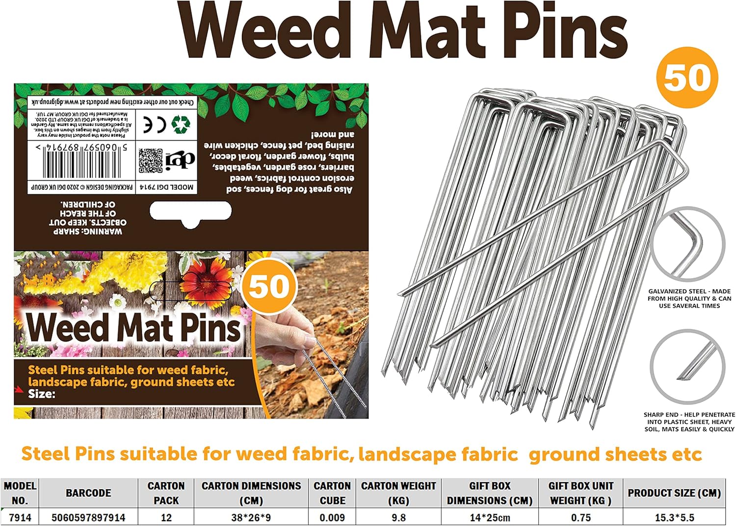 KAV Weed Mat Pins 50pcs Heavy Duty Landscape Pins U Shaped Tent Staples for Securing Membrane, Weed Control Fabric, Artificial Grass, Netting, Matting