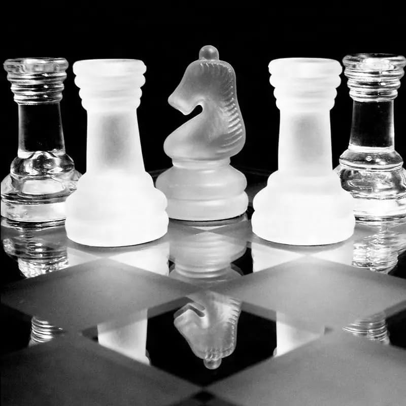 KAV Glass Chess Game Set - Frosted and Polished Glass Chess Board and Pieces with Padded Bottom - Stylish 2-in-1 Crystal Chess Board Play Set (25 x 25 cm)