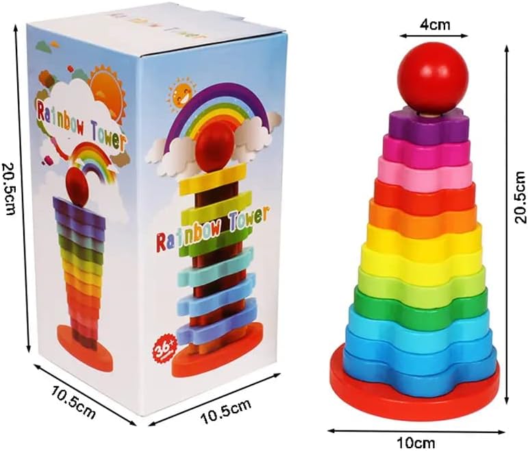 KAV Wooden Rainbow Stacking Rings - Educational Baby and Toddler Toys for Hand-Eye Coordination and Fine Motor Skills - Colourful Wooden Puzzles & Learning Toys