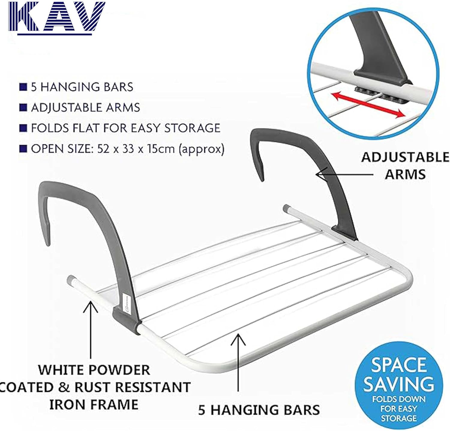 KAV Foldable Indoor Cloth Airer Drying Radiator Bath Rack 5 Bars with Waterproof Adjustable Arms Space-Saving Camping Drying Rack, Indoor Outdoor Towel Holder