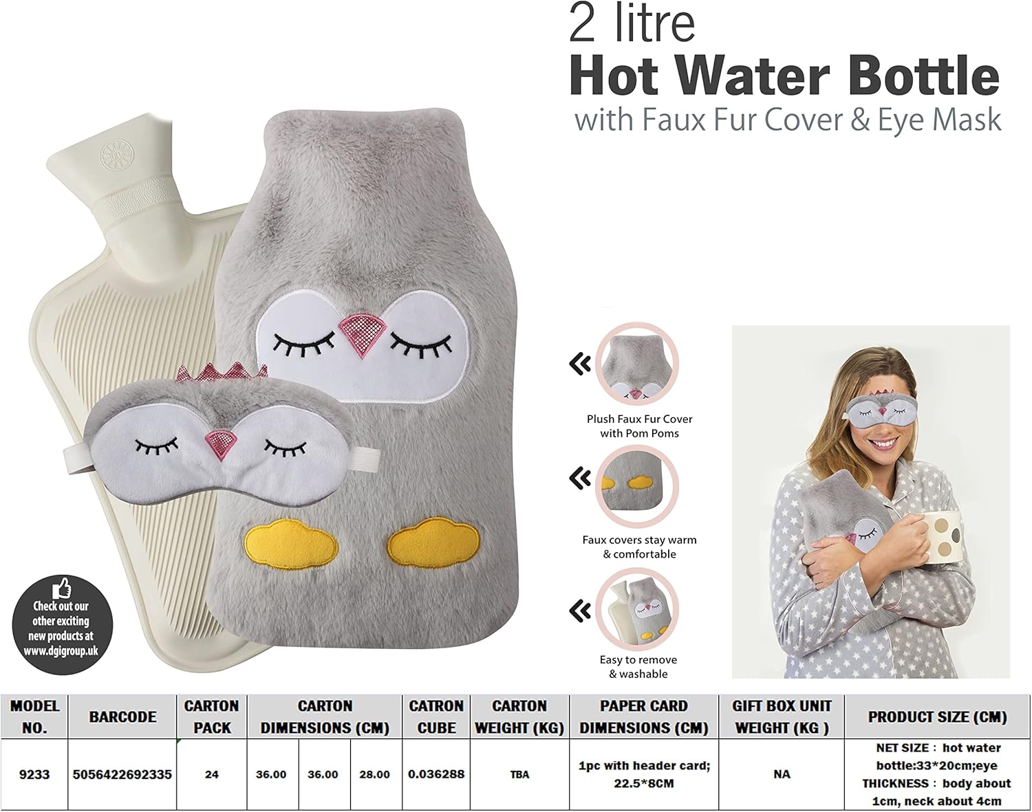 KAV Beautifully Faux Fur Cover with Hot Water Bottle and Satin Eye Mask - Durable 2L Size Eyemask and Bottles for Relaxing Sleep