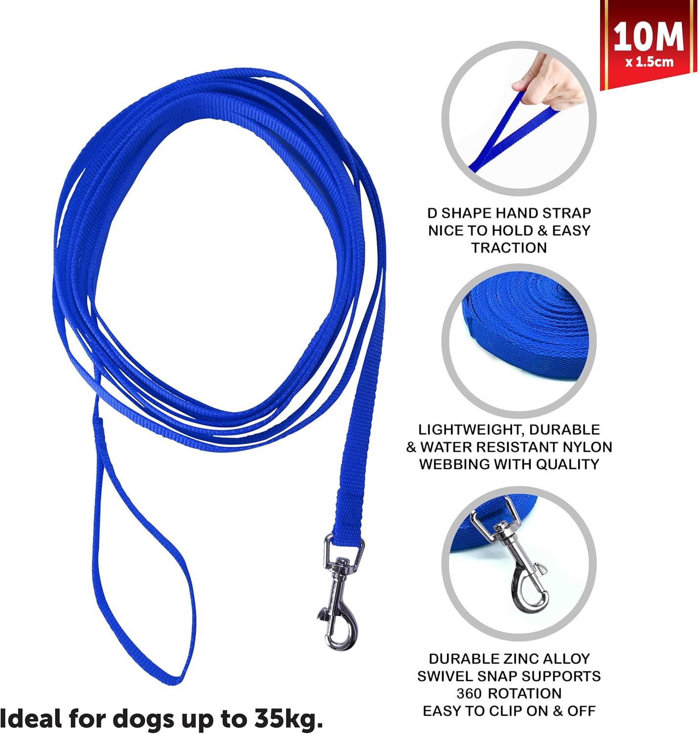 KAV Premium 10m*1.5cm Dog Training Lead for Puppy Training - Lightweight, Durable, Water Resistant Nylon Material - Swivel Buckle, D-Shape Hand Strap, for Dogs