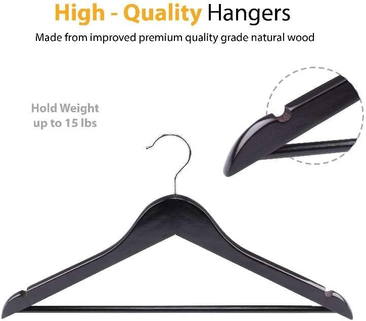 KAV Wooden Hangers with Steel Hook for Coat, Clothes, Trouser, Dress - Non-Slip, Slim, Space-Saving Hanger for Wardrobe Storage Home - 30 Pack (Black)