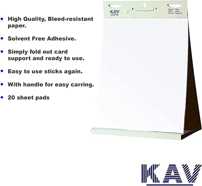 KAV Tabletop Self Stick Flipchart Paper Pad with Dry Erase Pens - 58.5x50cm Plain 20 Sheets with Non-Toxic Markers for Notice Boards - Office, School, Home Notes