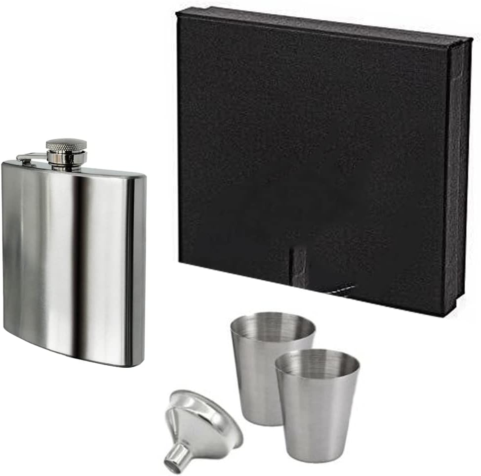 KAV Stainless Steel 8oz Hip Flask with Gift Box, Funnel and 2 Stainless Steel Shot Cups - Leak Proof and Portable Pocket Hip with Safety Hinged Screw Cap