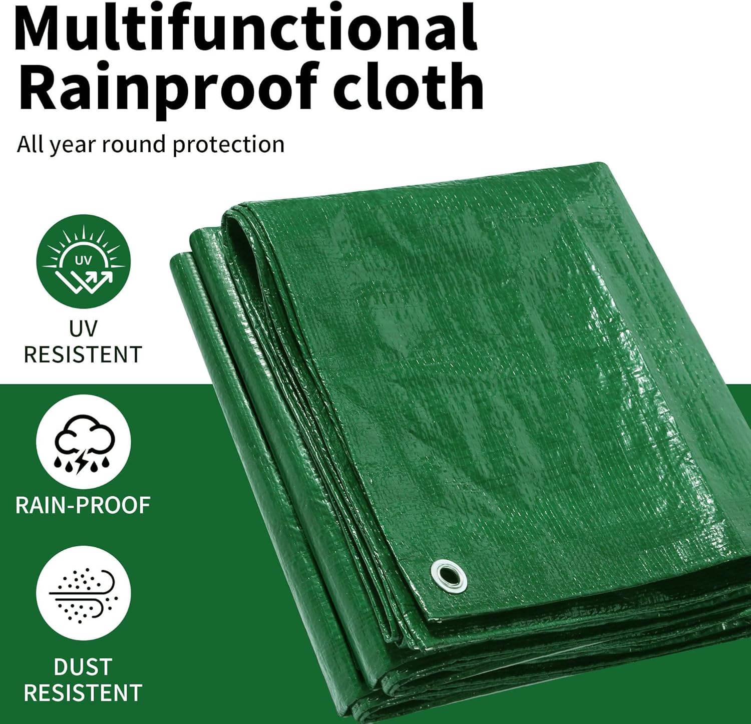 KAV Universal Premium Cover Tarpaulin Waterproof Heavy Duty Tarp with Eyelets Ground Sheet in Green for Garden Furniture, Pool, Car, Truck (10M x 12M)