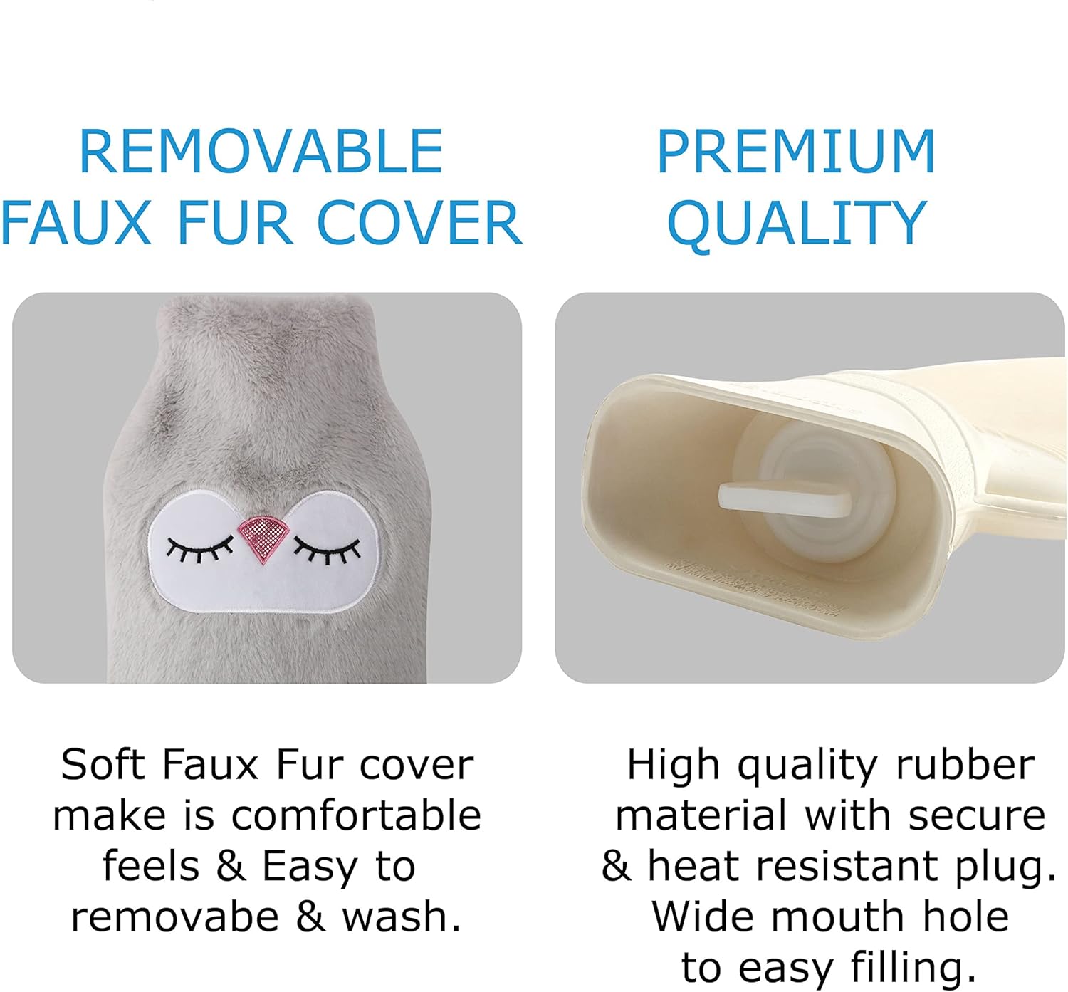 KAV Beautifully Faux Fur Cover with Hot Water Bottle and Satin Eye Mask - Durable 2L Size Eyemask and Bottles for Relaxing Sleep