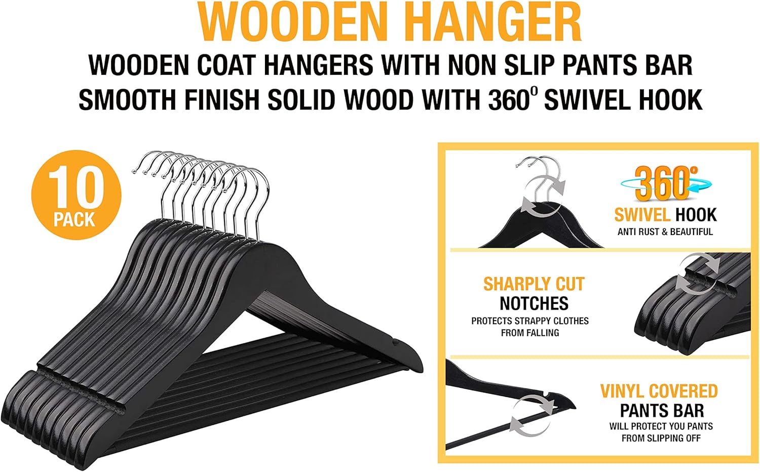 KAV Wooden Hangers with Steel Hook for Coat, Clothes, Trouser, Dress - Non-Slip, Slim, Space-Saving Hanger for Wardrobe Storage Home - 30 Pack (Black)