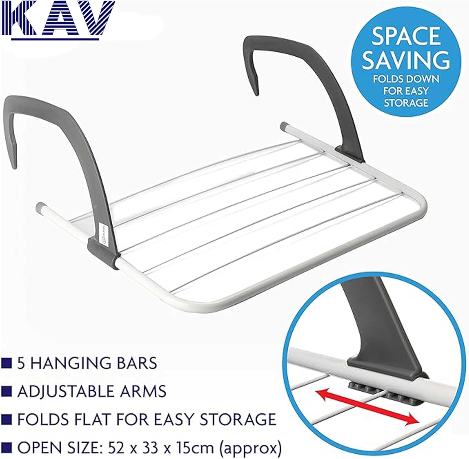 KAV Foldable Indoor Cloth Airer Drying Radiator Bath Rack 5 Bars with Waterproof Adjustable Arms Space-Saving Camping Drying Rack, Indoor Outdoor Towel Holder