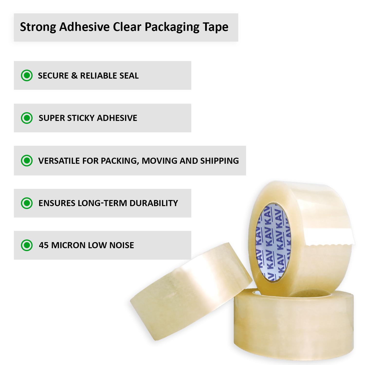 KAV Strong Adhesive Packaging Tape - 48MM x 66M Rolls for Secure Box Sealing, Heavy-Duty Parcel Tape with Improved Formula, UV and Moisture Resistant, FSC Certified