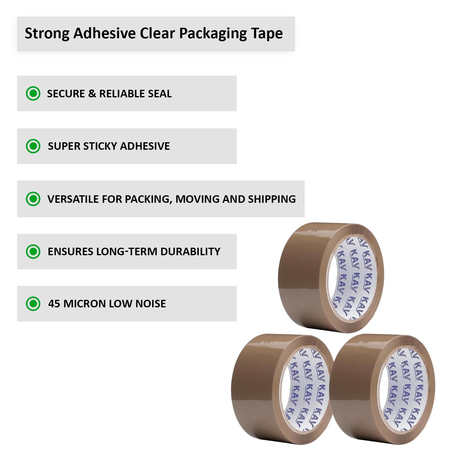 KAV Strong Adhesive Packaging Tape - 48MM x 66M Rolls for Secure Box Sealing, Heavy-Duty Parcel Tape with Improved Formula, UV and Moisture Resistant, FSC Certified