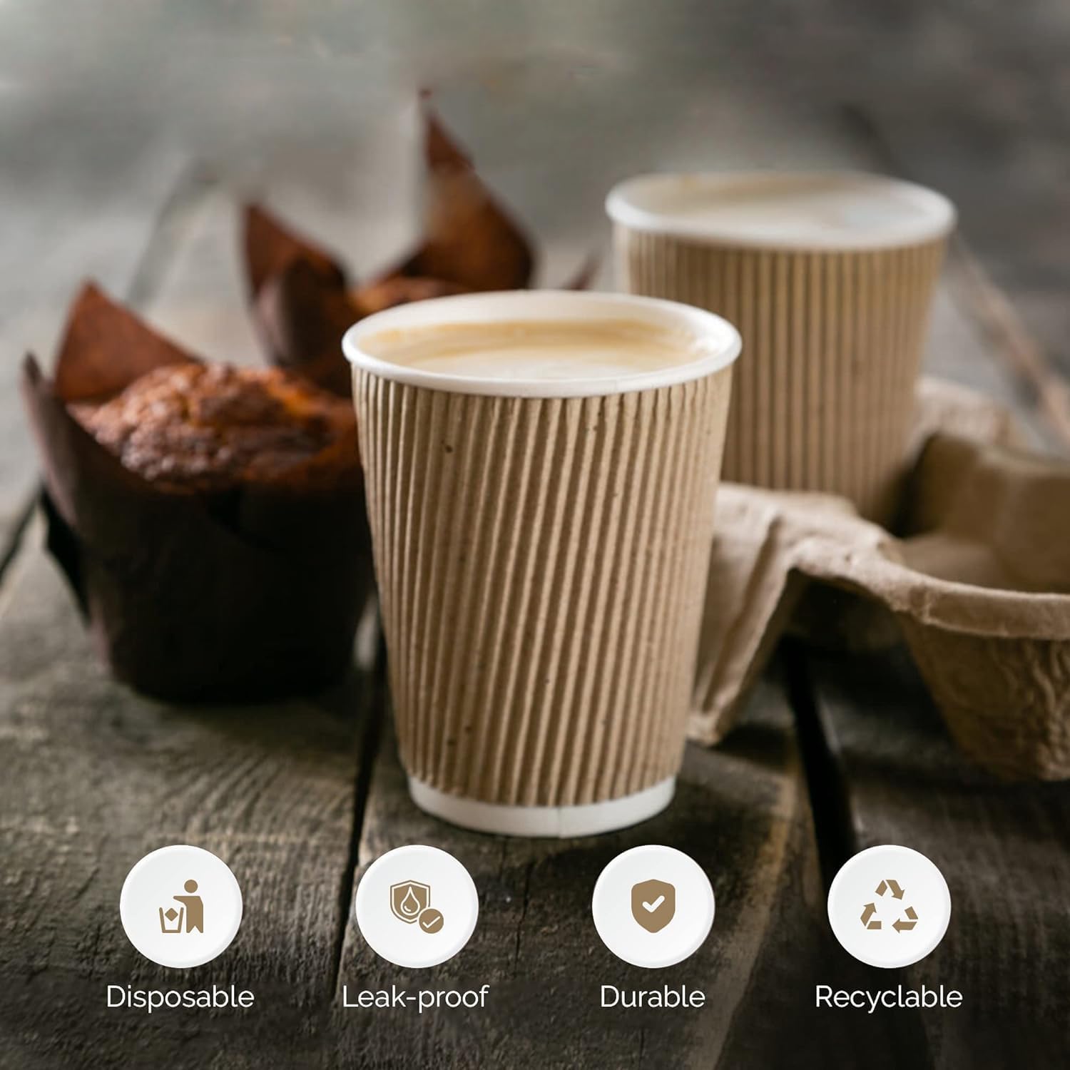 KAV Triple Layered 8oz Ripple Insulated Paper Cups - Kraft Disposable Coffee Cups for Hot & Cold Drinks - Takeaway Cups for Tea, Cappuccino, Beverages, Office & Party Use