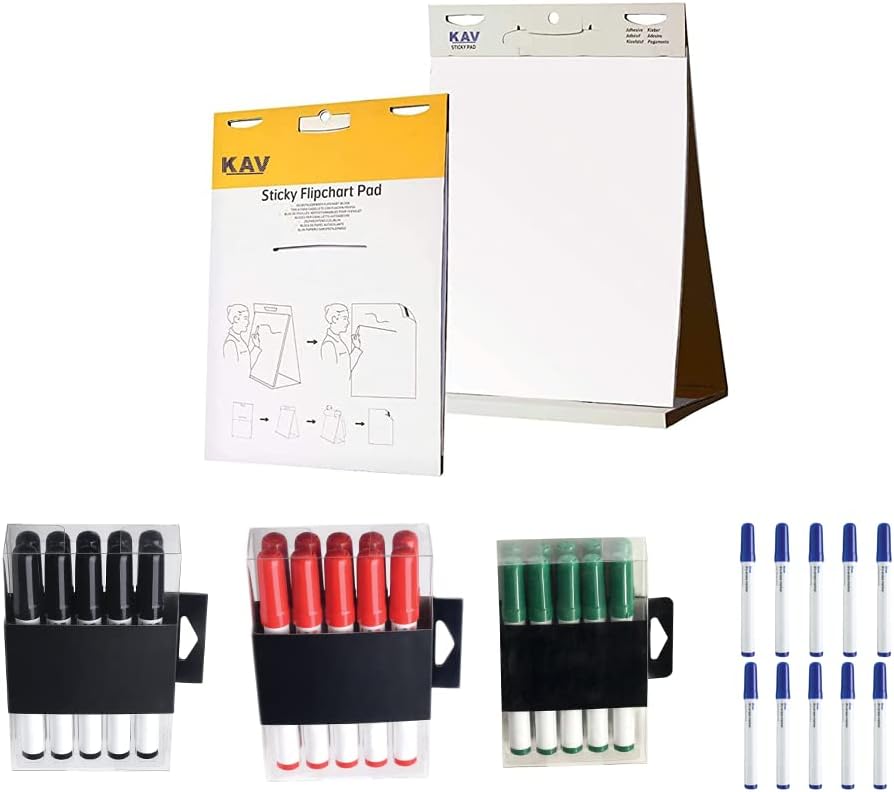 KAV Tabletop Self Stick Flipchart Paper Pad with Dry Erase Pens - 58.5x50cm Plain 20 Sheets with Non-Toxic Markers for Notice Boards - Office, School, Home Notes