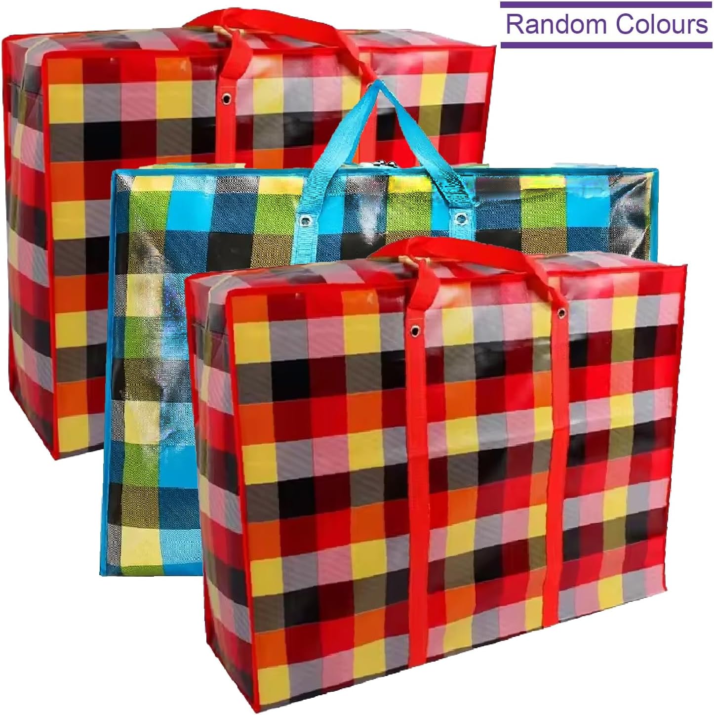 KAV Extra Large Laundry Shopping Bags - Random Coloured 170 GSM Jumbo Strong Reusable Waterproof Storage Bag with Zipper and Handle for Travel, Moving, Packing Cloths (90x60x30 cm)