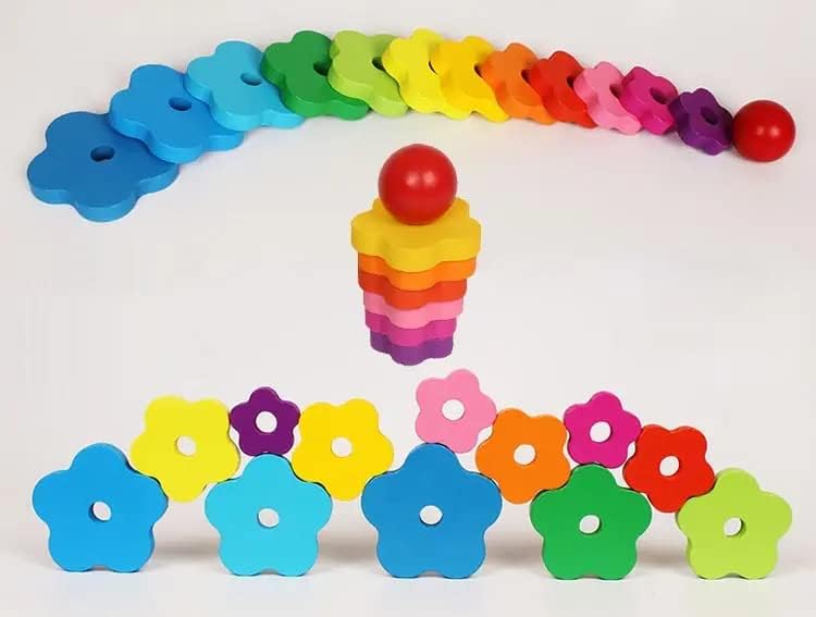 KAV Wooden Rainbow Stacking Rings - Educational Baby and Toddler Toys for Hand-Eye Coordination and Fine Motor Skills - Colourful Wooden Puzzles & Learning Toys