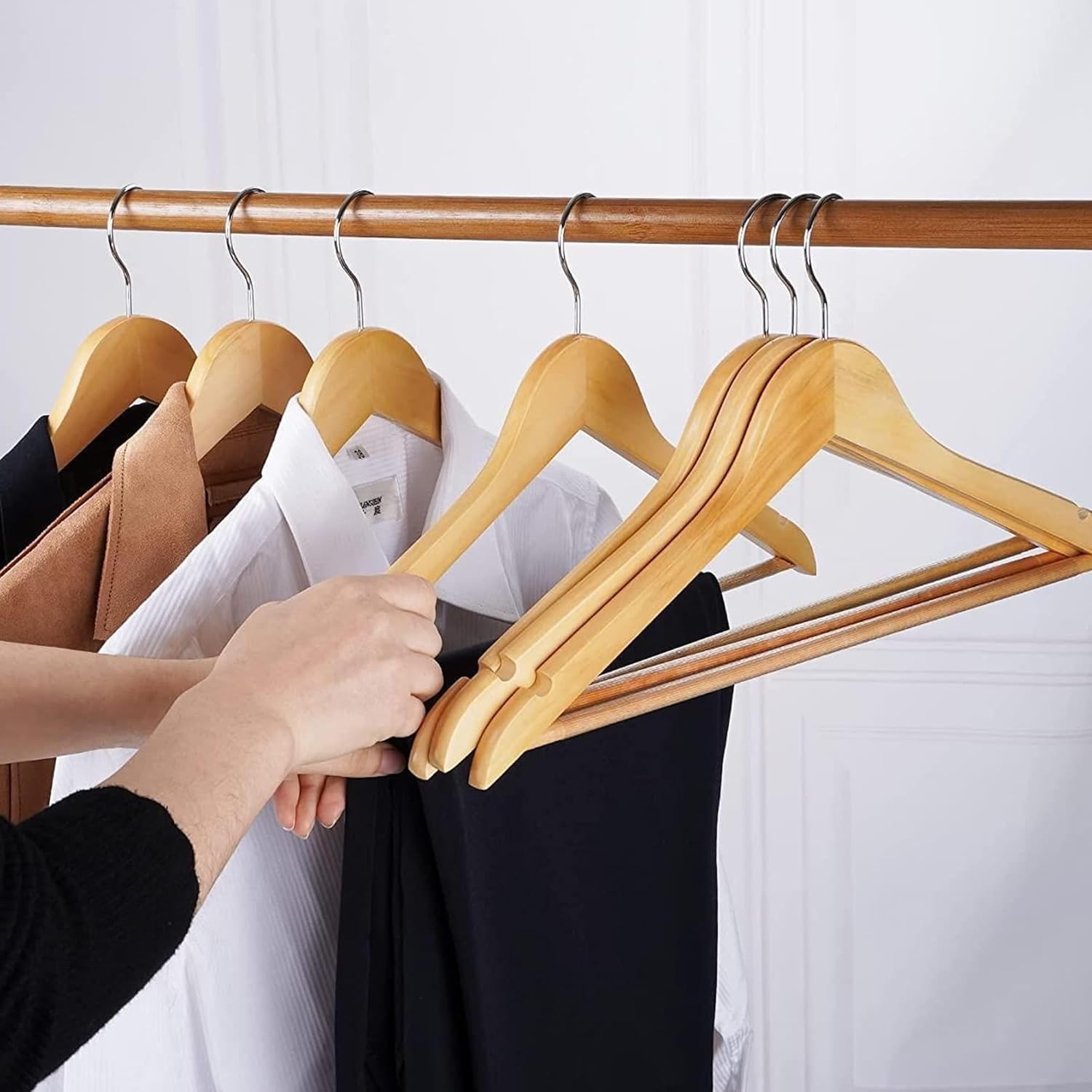 KAV Wooden Hangers with Steel Hook for Coat, Clothes, Trouser, Dress - Non-Slip, Slim, Space-Saving Hanger for Wardrobe Storage Home - 20 Pack